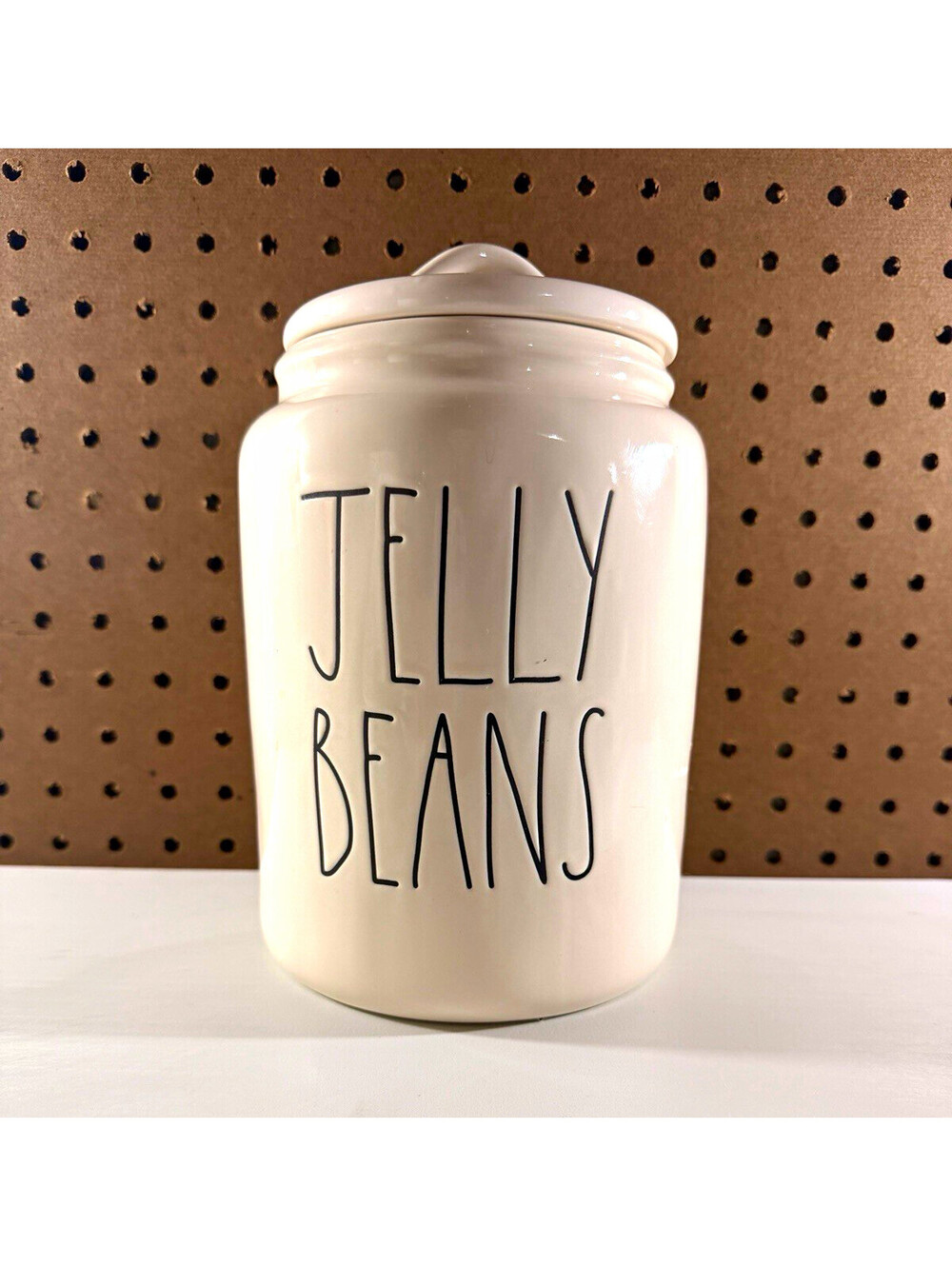 Rae Dunn Ceramic Candy Jar Canister w/ Lid "JELLY BEANS" White Farmhouse